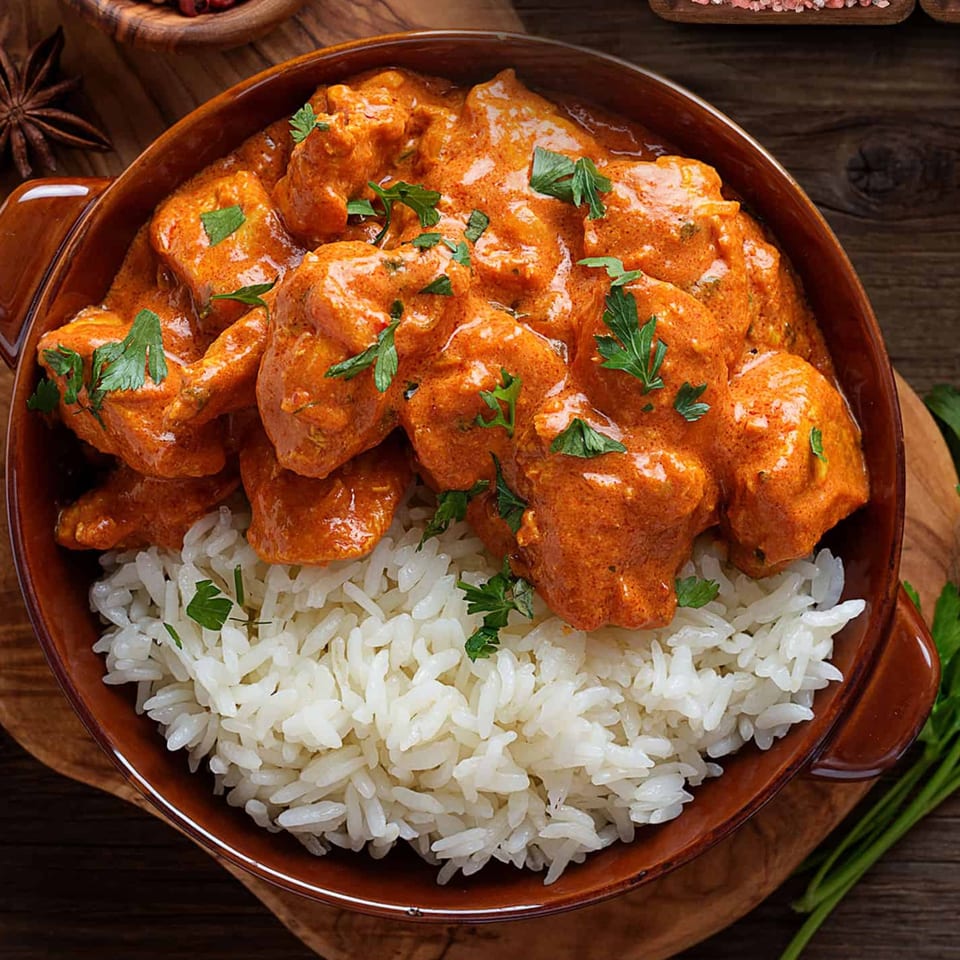 Curry 'N' Kebob's Indian butter chicken with rice, garnished with fresh parsley.