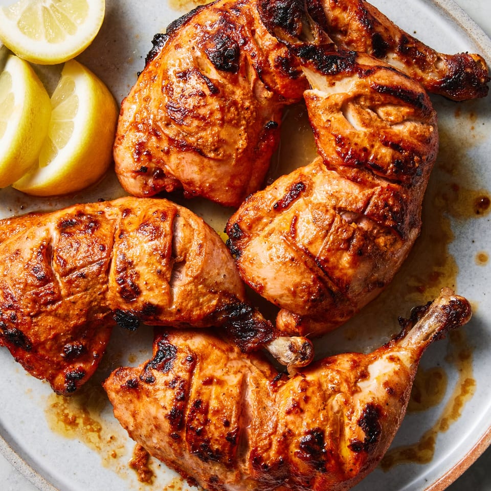 Four pieces of grilled Indian tandoori chicken with lemon wedges on a light gray plate.