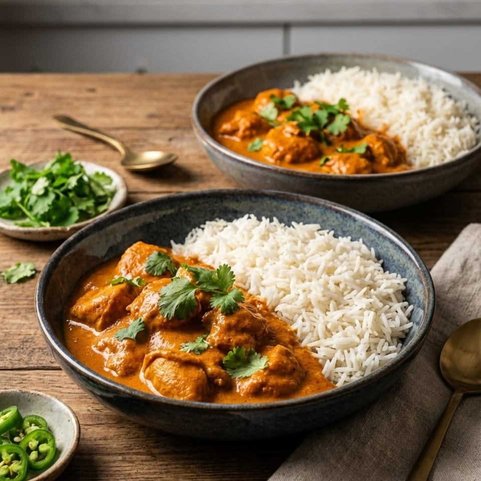 Two bowls of Indian butter chicken with white rice, garnished with cilantro, on a wooden table.
